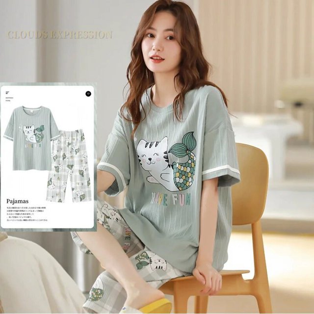 Pijama de punto de algodón con estampado de nubes para mujer, conjunto de dos piezas de manga corta, ropa de dormir de dibujos animados, Verano