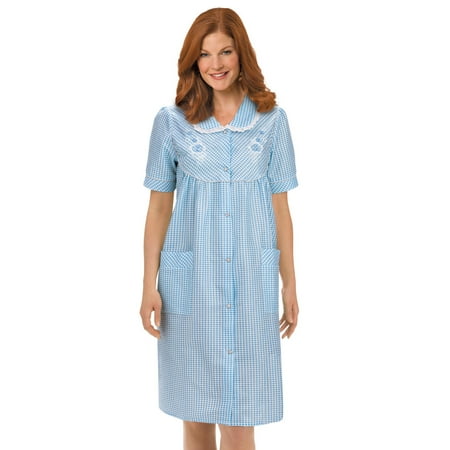 Women's Floral Gingham Print Pocket Lounge Robe with Snap Front Closure and Lace Trim, Large, Blue