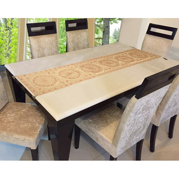 Stylo Culture Decorative Ethnic Living Room Table Runner Traditional Gold Large Party Decor Round Mandala 68 Inch Long Brocade Jacquard Tassel Work Table Cloth Rectangle (68 x 16 Inch)