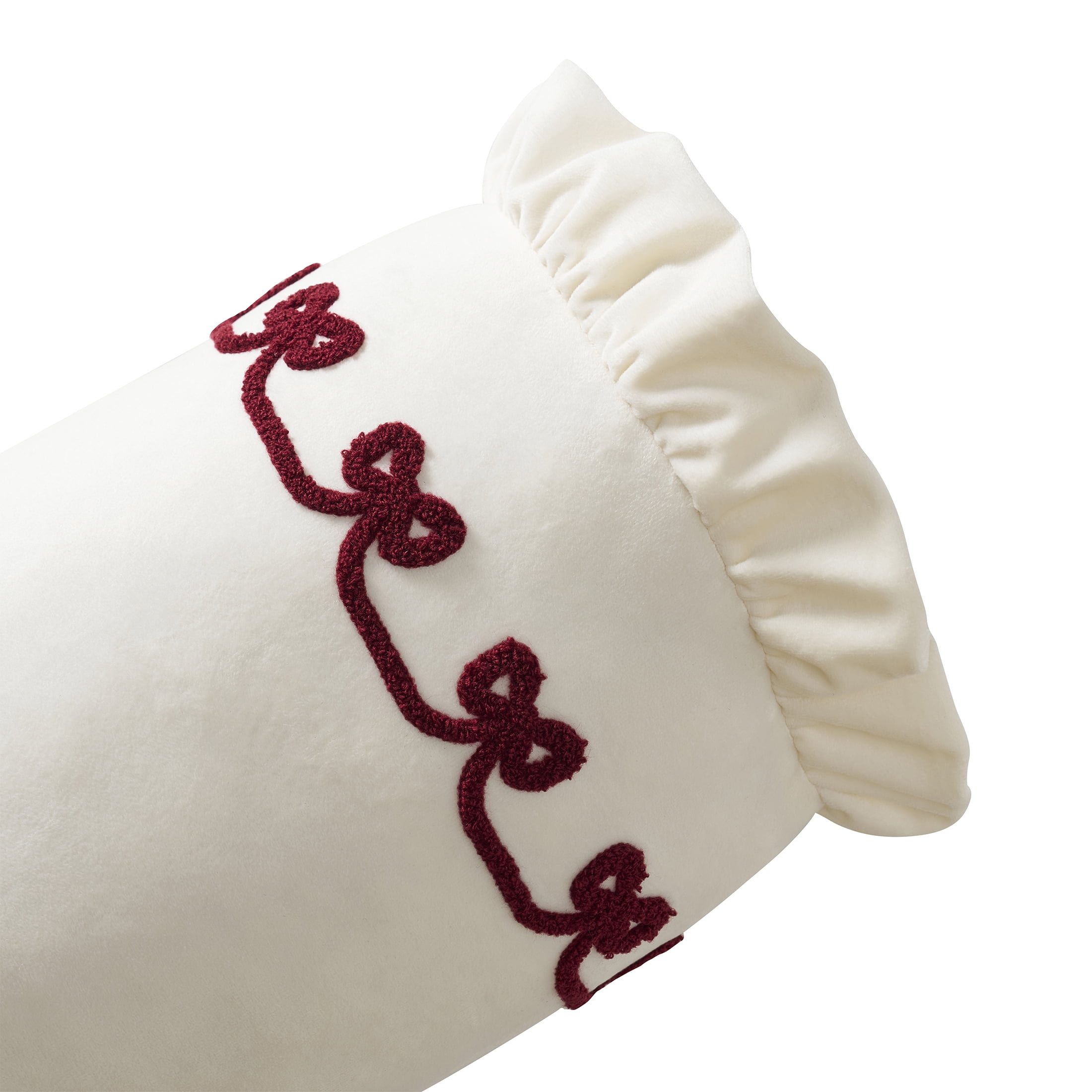 My Texas House 8" x 22" Ivory Velvet Ruffle Bolster Decorative Pillow