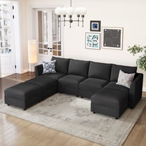 Marrber Convertible Modular Sectional Couches with Reversible Storage Seat and Ottoman, 7-Seater Sleeper Sofa for Living Room, Apartment, Linen Grey