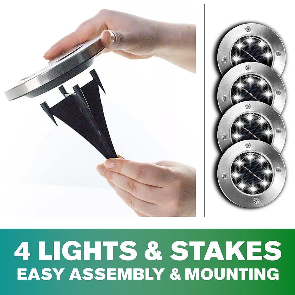 Bell + Howell Solar Powered Swivel Disk Lights, Outdoor Path Lights with 8 LED Bulbs, Stainless Steel 4 Pack