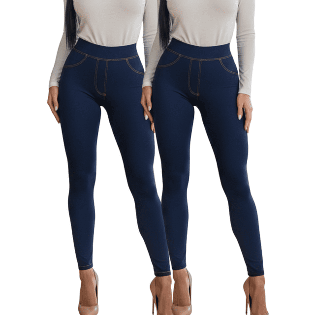 SET DE 2 LEGGING GRUESO DE MUJER AZUL Y NEGRO DISEÑO MEZCLILLA UNITALLA