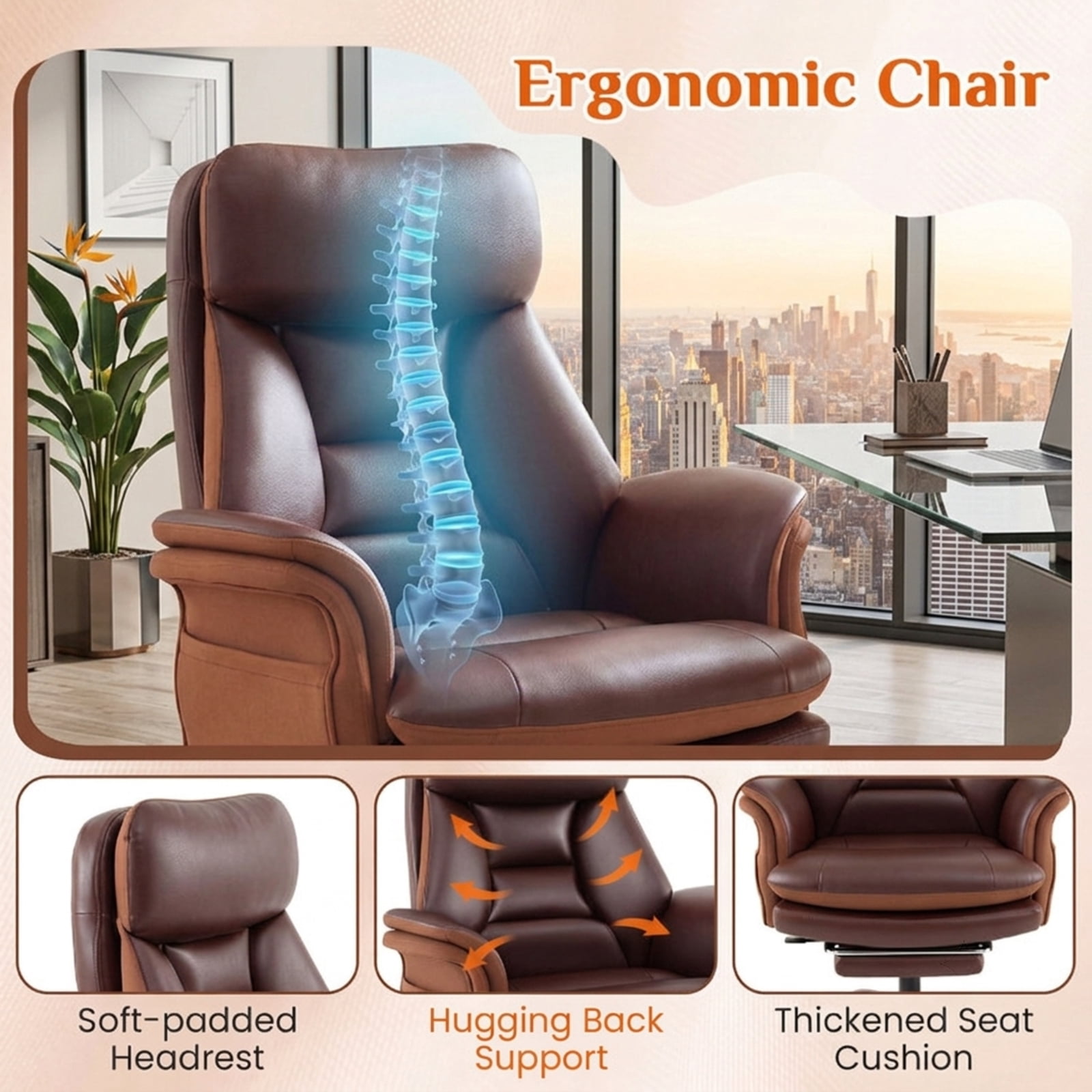 Furnibear Big and Tall Ergonomic Office Chair 400 lbs High Back Wide Faux Leather Computer Chair with Retractable Footrest, Brown