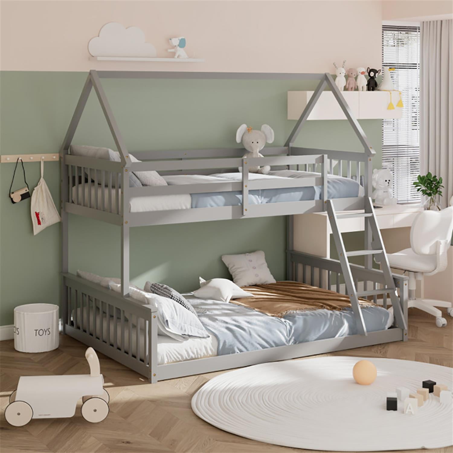 Demi Bonn Twin Over Full Bunk Bed with Ladder and Guardrails, House Twin Bunk Beds, Bed Frame, Gray