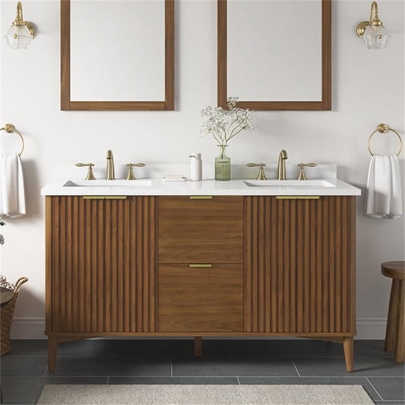 Pemberly Row 60" Double Bathroom Vanity in Warm Walnut with White Countertop