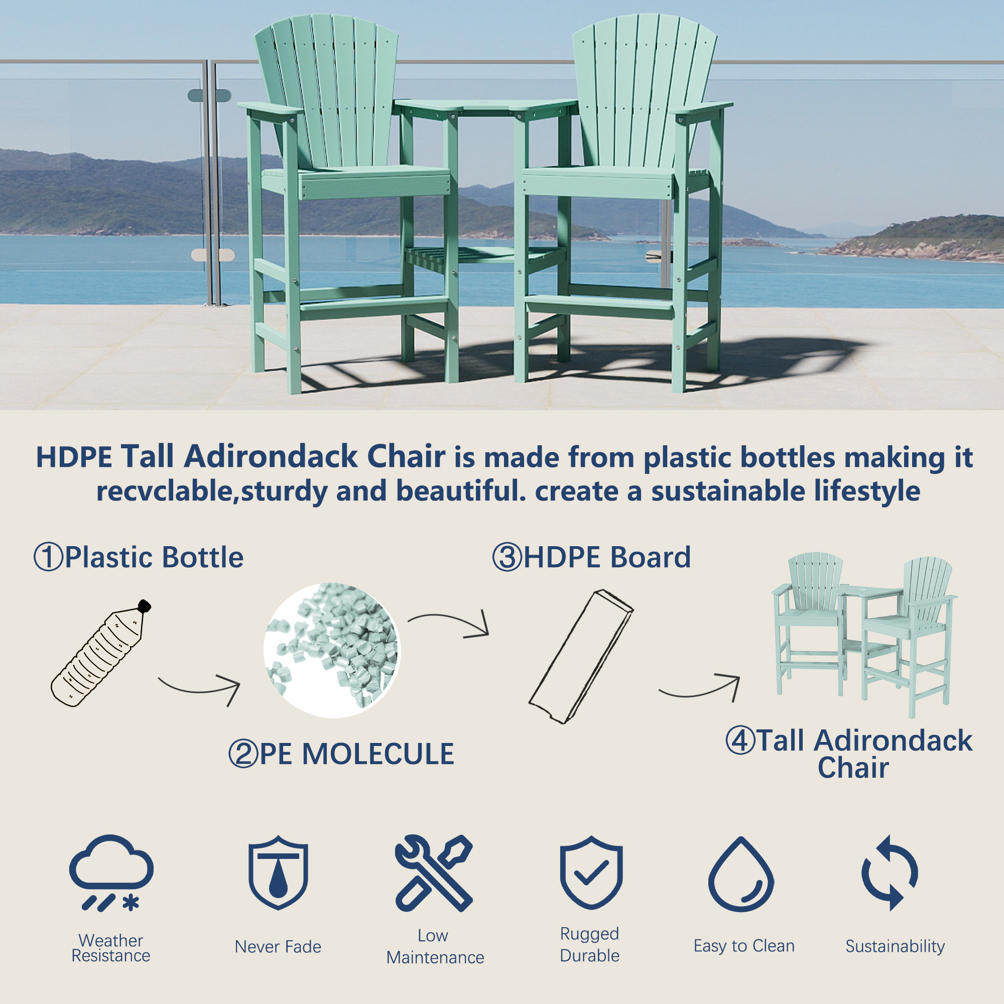 FOOWIN Tall Adirondack Chair Set of 2, HDPE All-Weather Adirondack Bar Stools with Connecting Tray, Aruba Blue