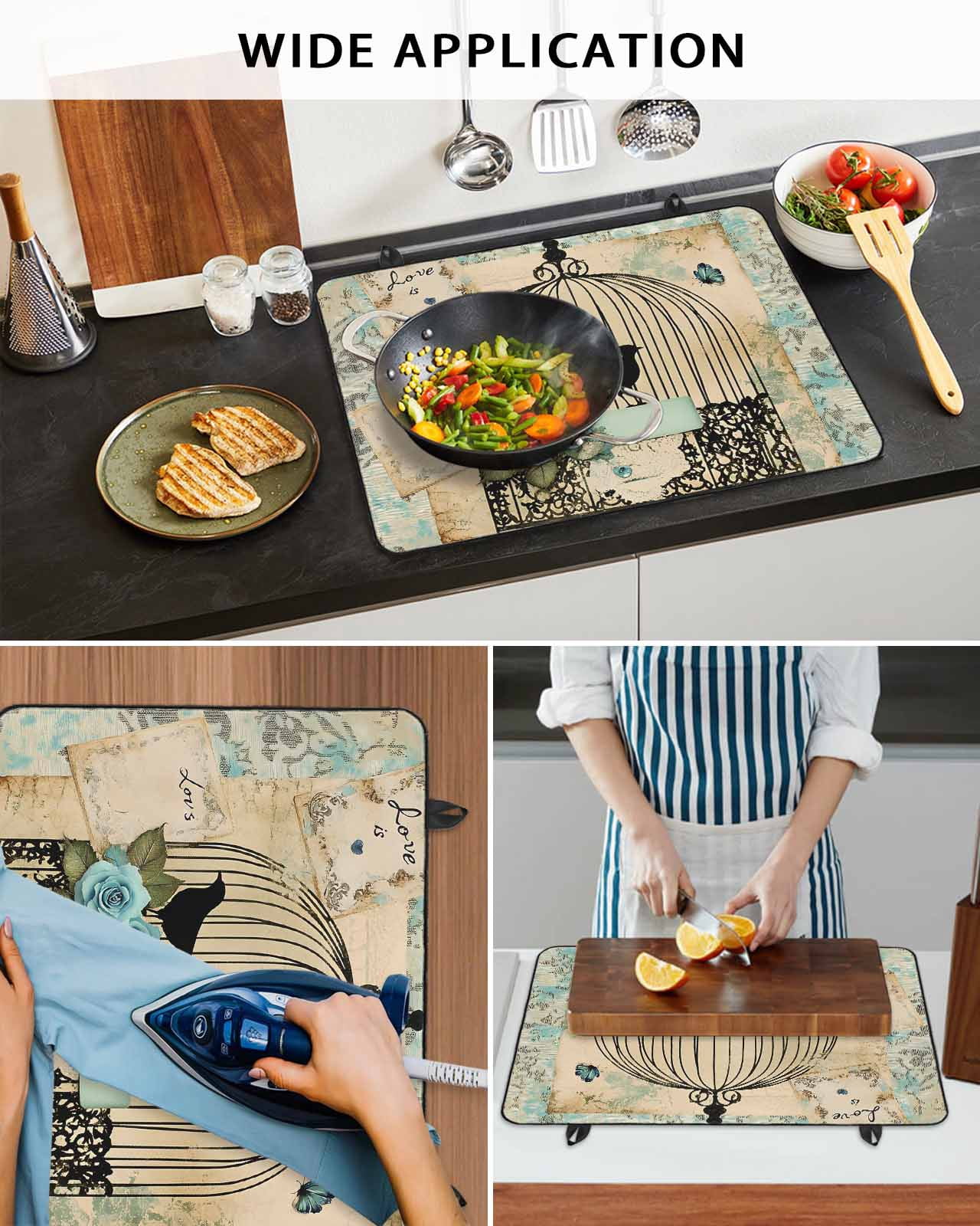 nqOlkjepod Large Induction Cooktop Protector Mat 24"x21", Vintage Bird Cage Stove Top Covers for Electric Stove, Retro Floral Pattern Decorative Stove Burner Cover Mats, Glass Top Stove Cover