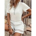 thumbnail image 5 of Short Sleeve Womens 2-Piece Set Summer Loose Lace V Neck T Shirts Dressy Casual Ruffle Sleeve Tunic Blouses Shorts White L, 5 of 7