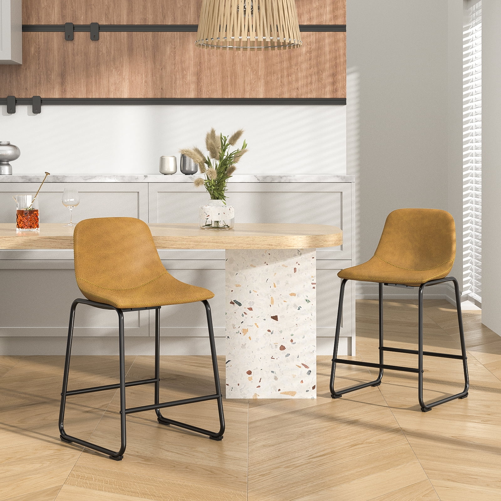 TAVR 24" Bar Stools Set of 2 with Back, Faux Leather for Home, Kitchen, Yellow