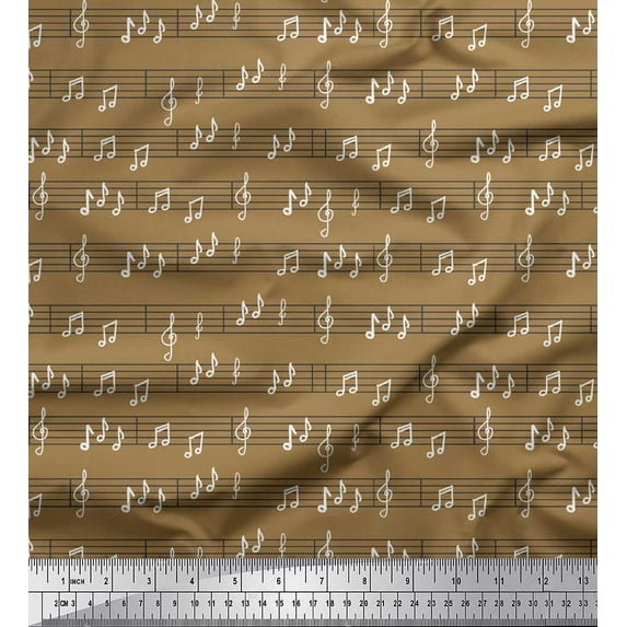 Soimoi Brown Moss Georgette Fabric Notes Musical Instrument Print Fabric by the Yard 42 Inch Wide