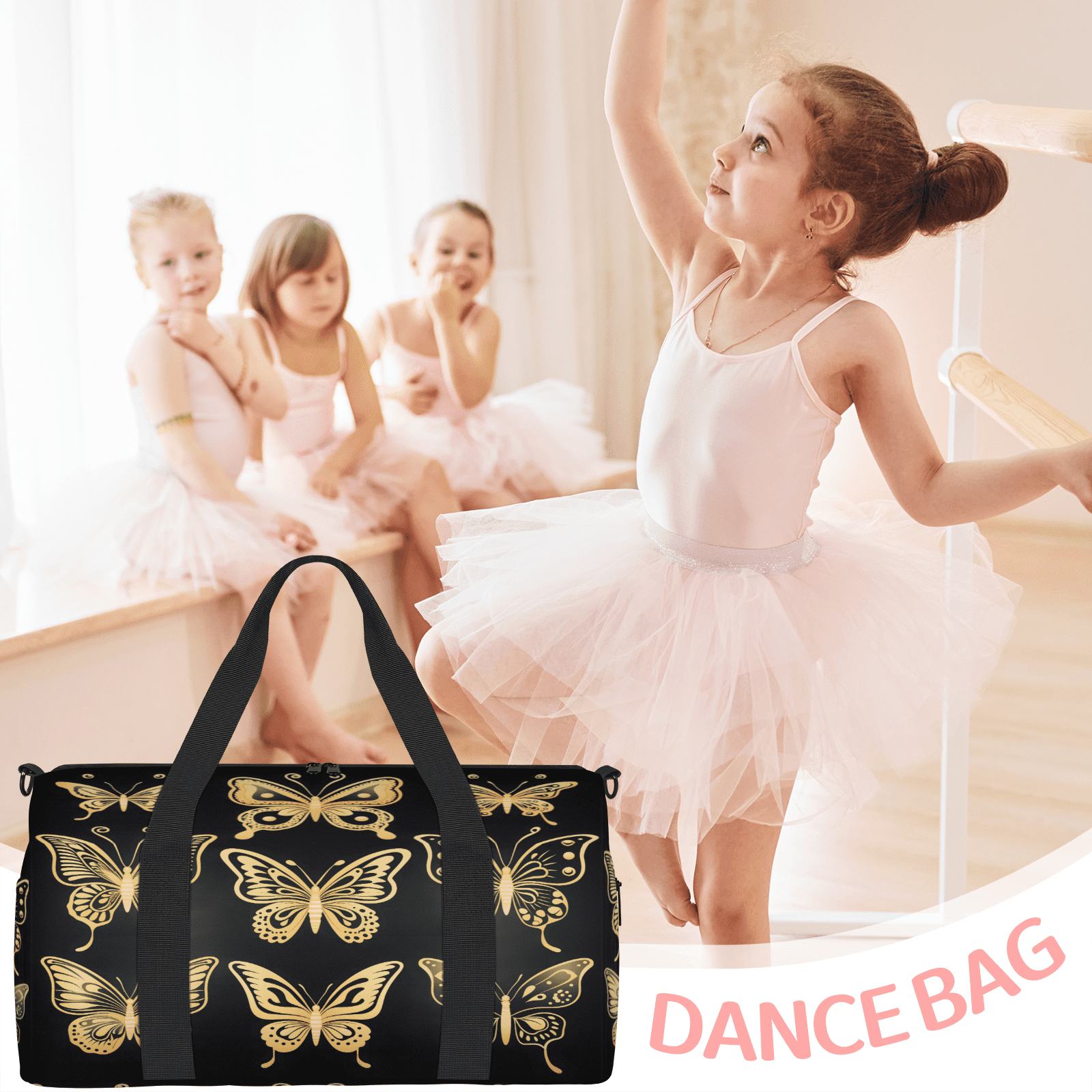 Herdesigns Gold Butterfly Travel Duffle Bag Sports Yoga Weekender Overnight Carry on Workout Bags Lightweight Waterproof Gym Tote Bag for Women