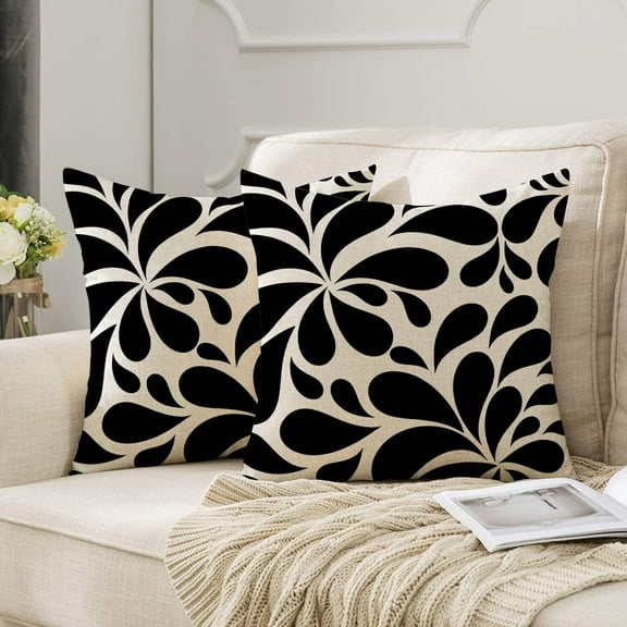 18"x18" Set of 2 Black and White Abstract Floral Linen Pillow Covers – Modern Boho Decorative Throw Pillowcases for Sofa, Couch, Bedroom, Living Room