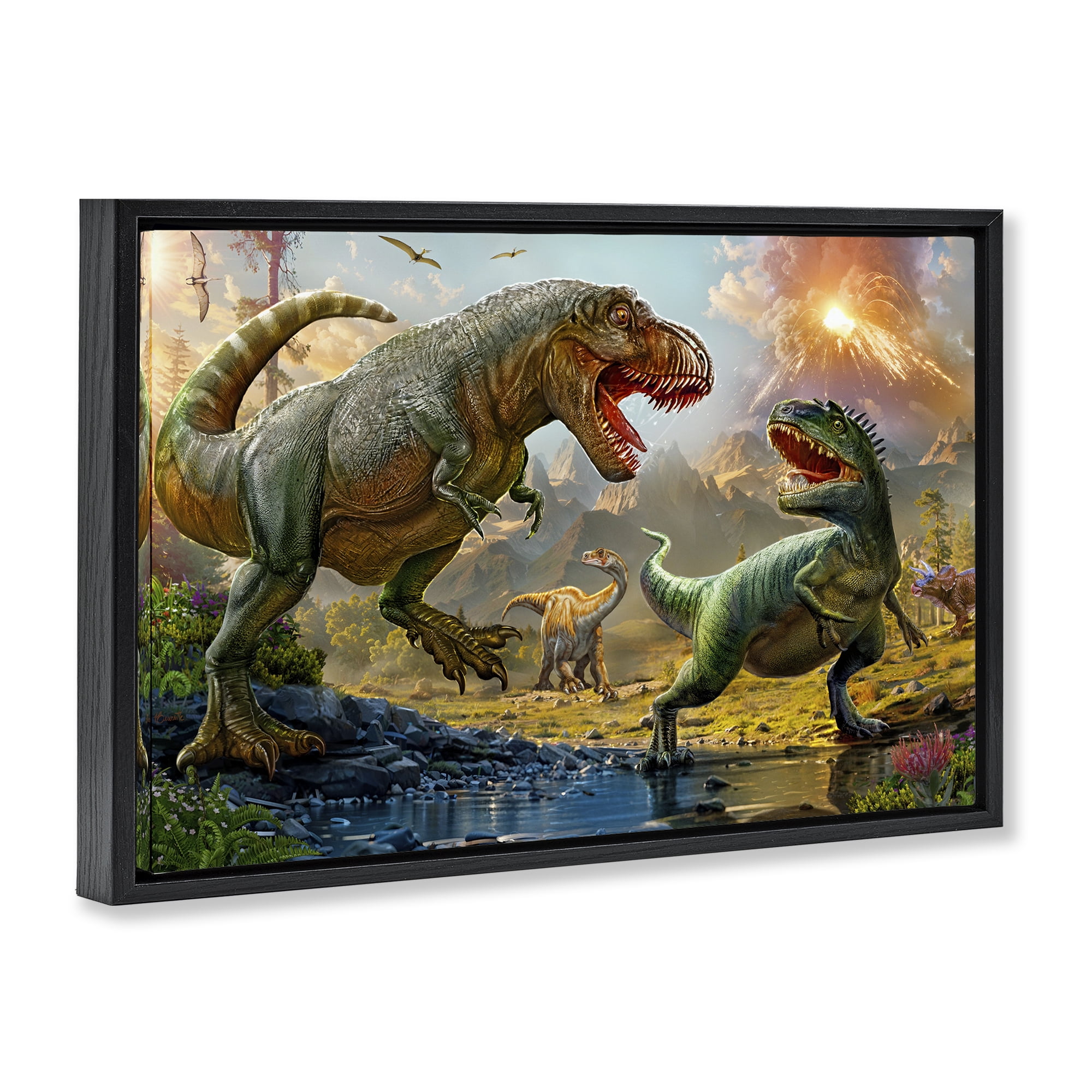 Stupell Industries T-Rex Encounter at Riverbank Black Framed Floater Canvas Wall Art, design by Henriette Chinaglia