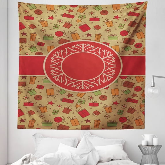 Christmas Tapestry, Celebration Card Inspired Vintage Old Design Presents Baubles and Snowflakes, Fabric Wall Hanging Decor for Bedroom Living Room Dorm, 5 Sizes, Multicolor, by Ambesonne