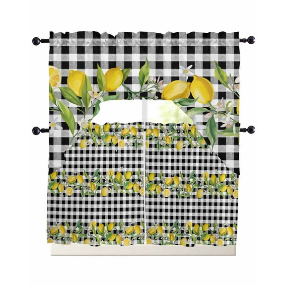 Lemon Kitchen Curtains Sets 36 Inch Length with Valance, Farmhouse Summer Botanical Fruit Black White Plaid Swag Valances and Tiers Curtain Set Drapes Swag Curtains for Living Room, Bathroom, Bedroom
