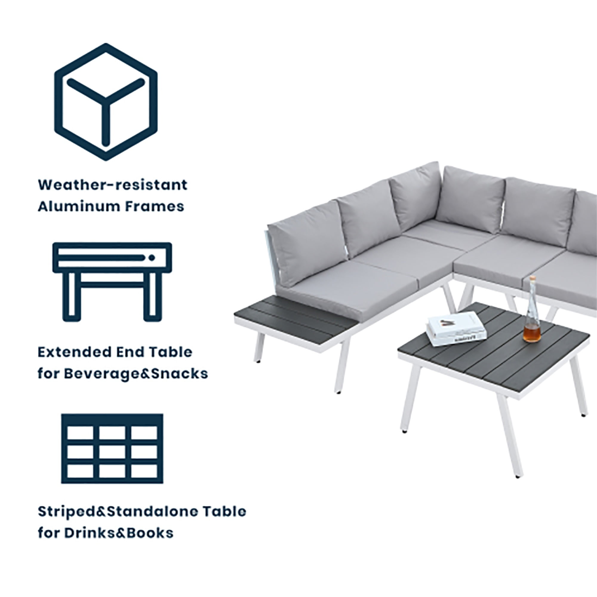 Kadyn Industrial 5-Piece Aluminum Outdoor Patio Furniture Set,Modern Garden Sectional Sofa Set with End Tables, Coffee Table and Furniture Clips for Backyard, Gray Kadyn Industrial 5-Piece Aluminum Outdoor Patio Furniture Set,Modern Garden Sectional Sofa Set with End Tables, Coffee Table and Furniture Clips for Backyard, Gray