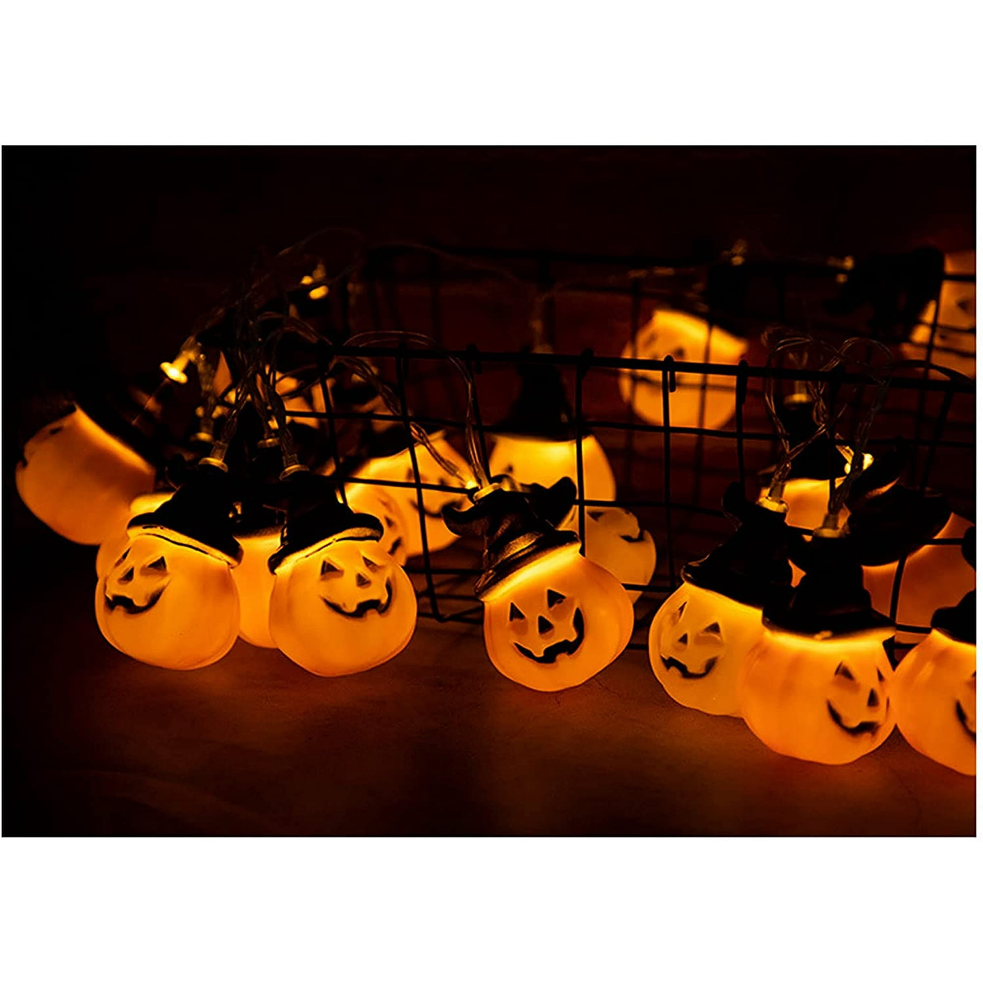 Guirlande Lumineuse Halloween 30 Citrouilles LED - 4,5 Mètres - Piles - Modes Fixe Et Clignotant - Intérieur/extérieur