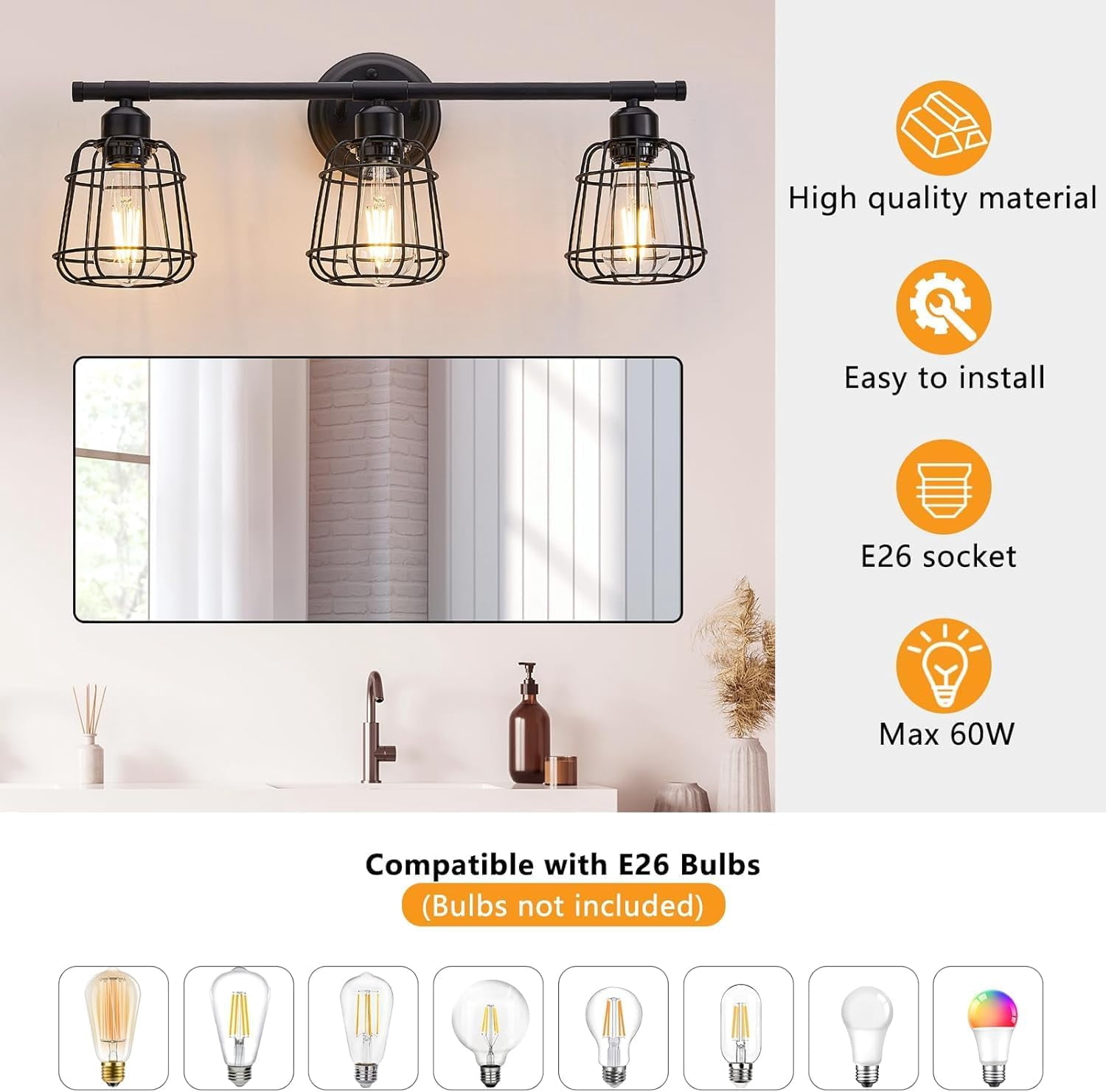 3-Light Bathroom Light Fixtures Over Mirror, Matte Black Bathroom Vanity Light with Cage, E26 Base Farmhouse Wall Sconces for Bedroom Cabinets Living Room, UL Listed