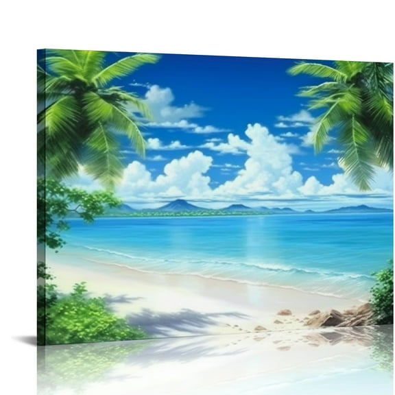 JRXY  Canvas Wall Art Ocean Waves Coconut Trees on Sands Beach Seascape Scenery Painting Nature Picture for Bedroom Home Office Wall Decor 20x16in