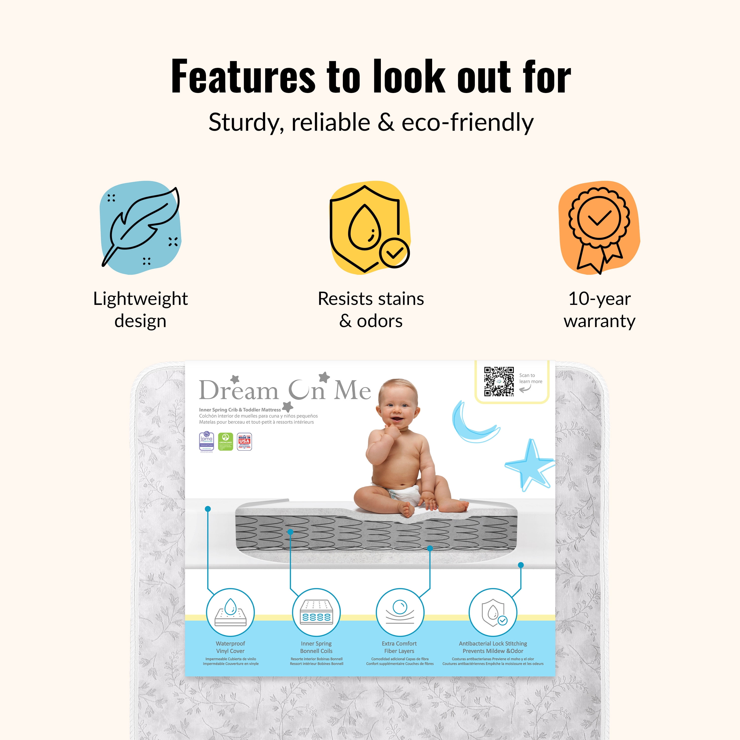 Dream On Me Nirvana 6” 96-Coil Inner Spring Crib & Toddler Mattress | Waterproof Vinyl Cover | Greenguard Gold Certified |10-Year Manufacturer Warranty | Grey Leaf