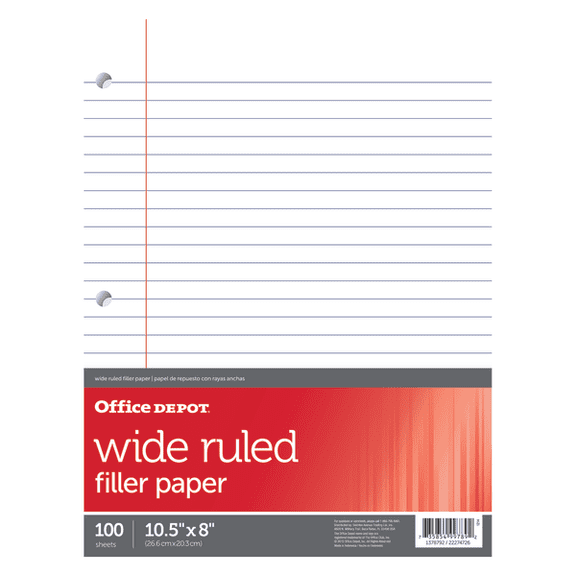Office Depot Brand Filler Paper, Wide Ruled, 92 Brightness, 16 Lb, Pack Of 100 Sheets