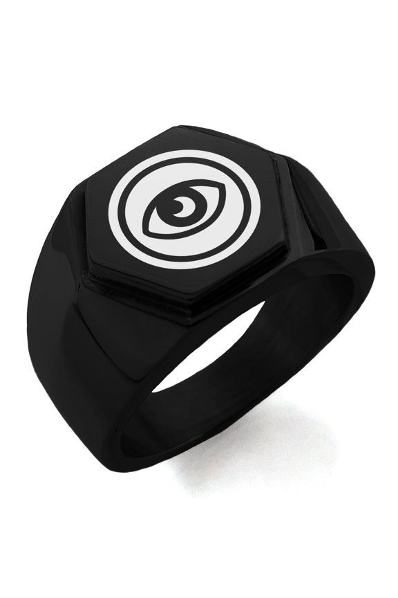 Stainless Steel Telekinesis Element Rune Engraved Hexagon Crest Flat Top Biker Style Polished Ring
