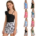 thumbnail image 6 of FASHOFT Girls Swimsuit Ruffle Sleeve One Shoulder Bathing Suit with Floral Print Skirt for Beach Poor Two Piece Girls' Swimwear Black2 13-14 Years, 6 of 6