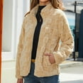 thumbnail image 2 of Lovskoo 2024 Womens Full Zip Up Fuzzy Fleece Jacket Winter Stand Collar Casual Solid Long Sleeve Zipper Plush Warm Outerwear Coat Beige, 2 of 8