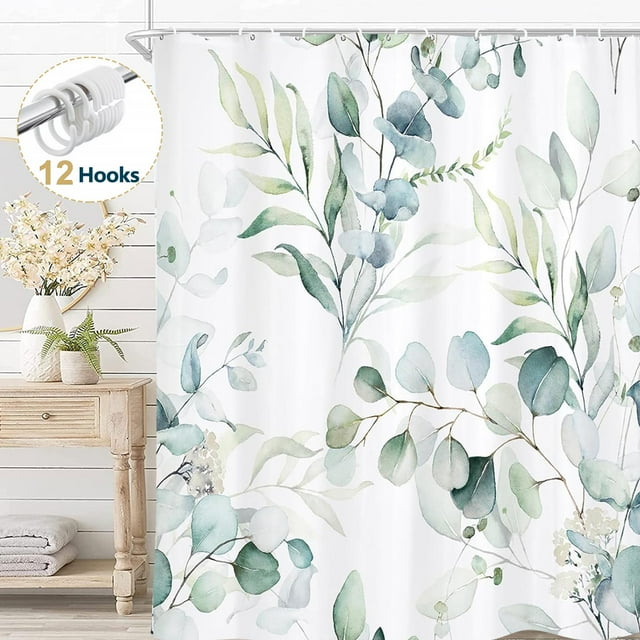 Dznils Cortina Shower de Tela de Eucalipto Ver Patrón Floral de Acuarela con 12 Ganchos, 72 x 72