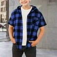 thumbnail image 2 of AJTQTH Fashion Boys Plaid Button Down Flannel Hoodie Shirts Lightweight Casual Summer Short Sleeve Hooded Outwear Jacket with Pockets Blue 14-15 Years, 2 of 5