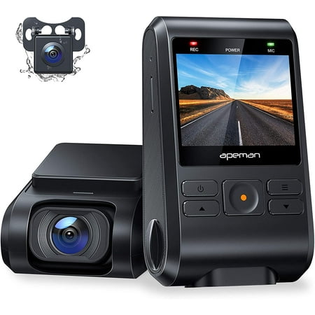 Apeman Dual Dash Cam C550, 1080P Front and Rear Hidden Car Driving Recorder, IPS Screen, Night Vision, 170° Wide Angle, WDR, G-Sensor, Parking Monitor, Motion Detection, Loop Recording, Support GPS
