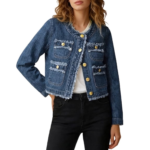 Jane Wardrobe Women Round Collar Raw Fringe Gold Button Cropped Denim Jacket Layering Outer 1PC S-XXL Plus Size Friendly