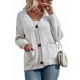 thumbnail image 2 of Women'S Long Sleeve V-Neck Contrast Color Button Knitted Sweater Fall Winter Pocket Cardigan Jacket Cream White S, 2 of 9