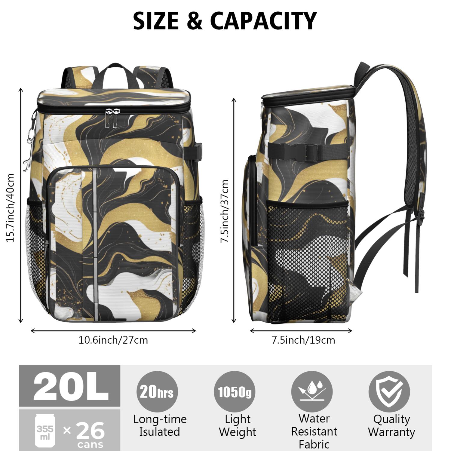 Travel Cooler Bag - Black White and Gold Marble Camping Beer Cooler Backpack with Bottle Opener- Waterproof Insulated Picnic Backpacks - Cooler Bag for Beach