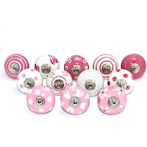 Assorted Ceramic Cabinet Knobs - Vintage Cabinet Cupboard Door & Drawer Pulls Chrome Hardware (Ceramic Knobs Set of 12, Dark Pink & White)