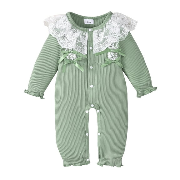 Infant Baby Girls Clothes Baby Girls One-piece Romper Infant Girls Long Sleeve Ruffle Lace Collar Solid Color Bodysuit Green 6-12 Months