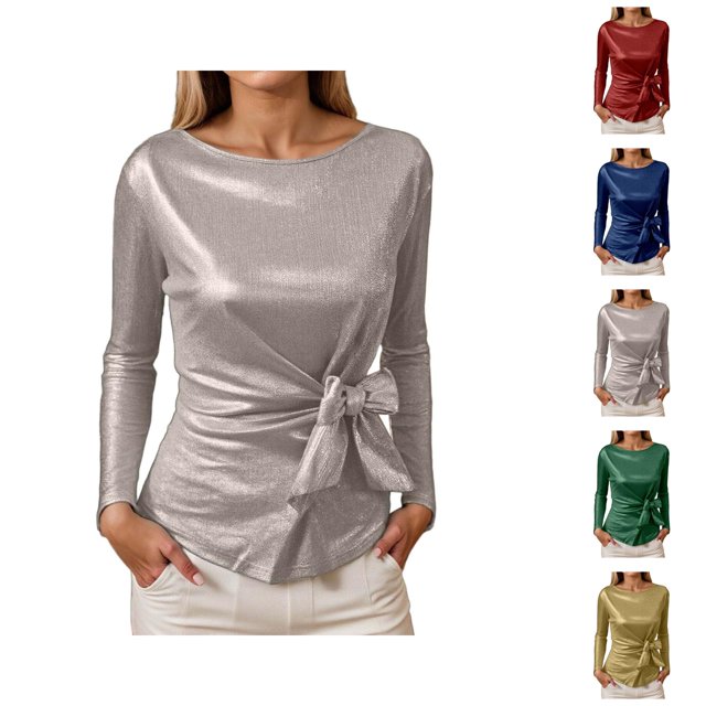 Metallic Tops for Women 2026 Spring Fashion Long Sleeve Crewneck Glitter Sparkle T Shirts Rave Outfit Clubwear