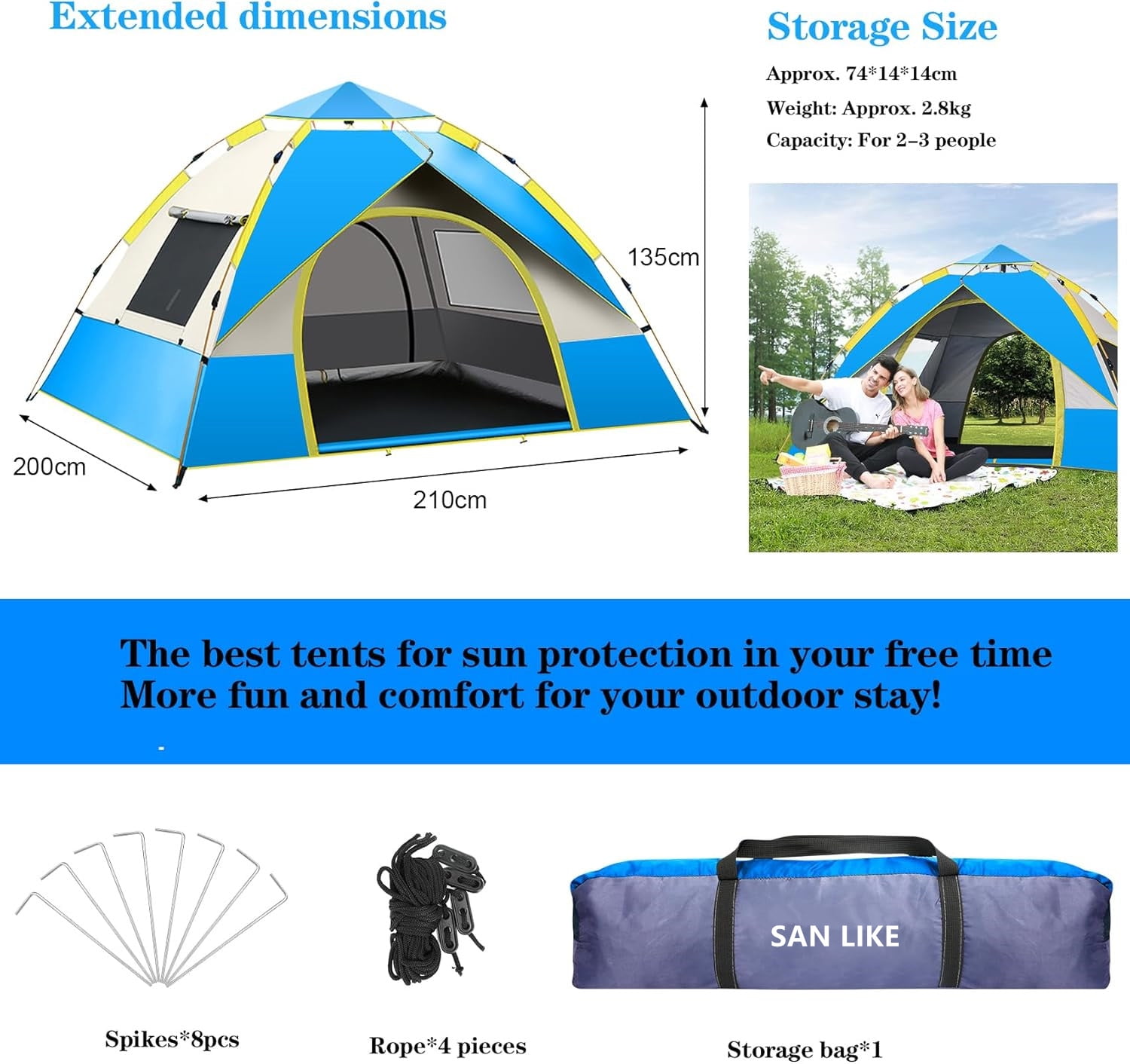 SAN LIKE Camping Tent 3/4 Person Tents for Family Camp Tent Waterproof Outdoor for Backpacking Hiking Easy Setup with Storage Bag,8 Ground ding,4 Windproof Rope (Blue with Doors and Windows)