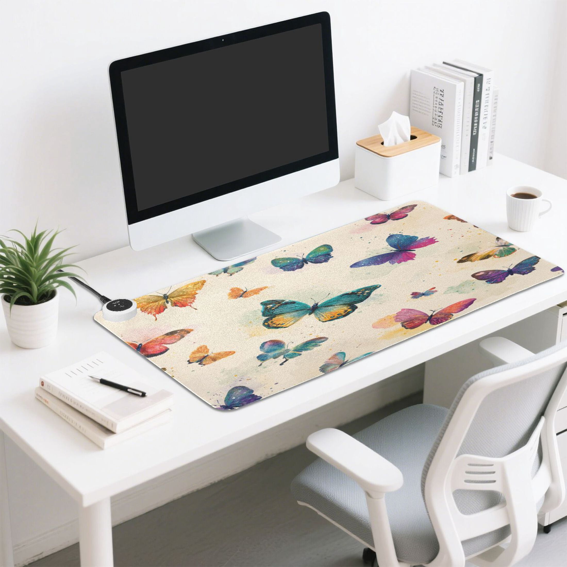 Large Heated Desk Mat Mouse Pad 31.5"x13"PU Leather Graphene Heating Desk Warmer with 3 Temperature Settings 110V US Plug Non-Slip Warm Pad for Home, Office, and Gaming Vibrant Polka Dot Butterfly