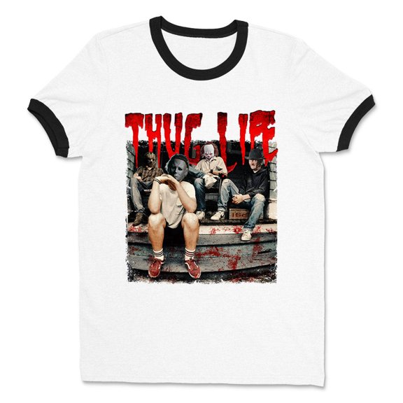 Horror Halloween Thug Life Ringer Tee Shirt Unisex Large White/Black