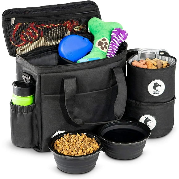 Top Dog Travel Bag - Airline Approved Travel Set for Dogs Stores All Your Dog Accessories - Includes Travel Bag, 2X Food Storage Containers and 2X Collapsible Dog Bowls - Black