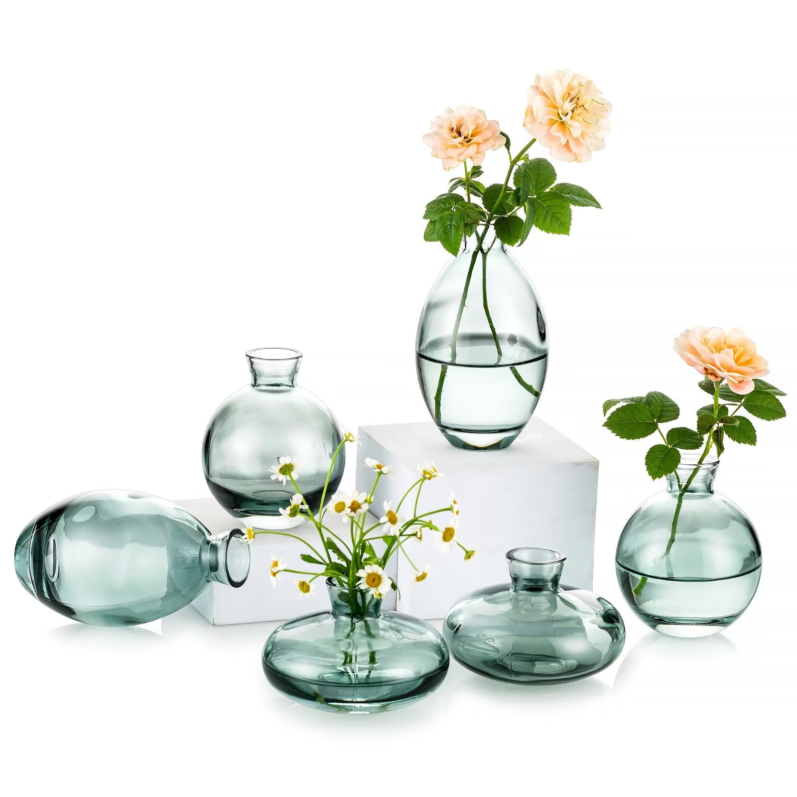 Glasseam Mini Bud Vases for Flowers Set of 6 Green Small Glass Vase for