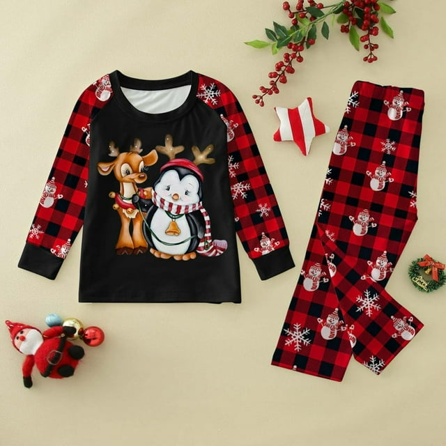 Automne Hiver Joyeux Noël Pyjamas Assortis Pyjamas pour la Famille Pyjamas pour Femmes Pyjamas de Noël en Coton Bio