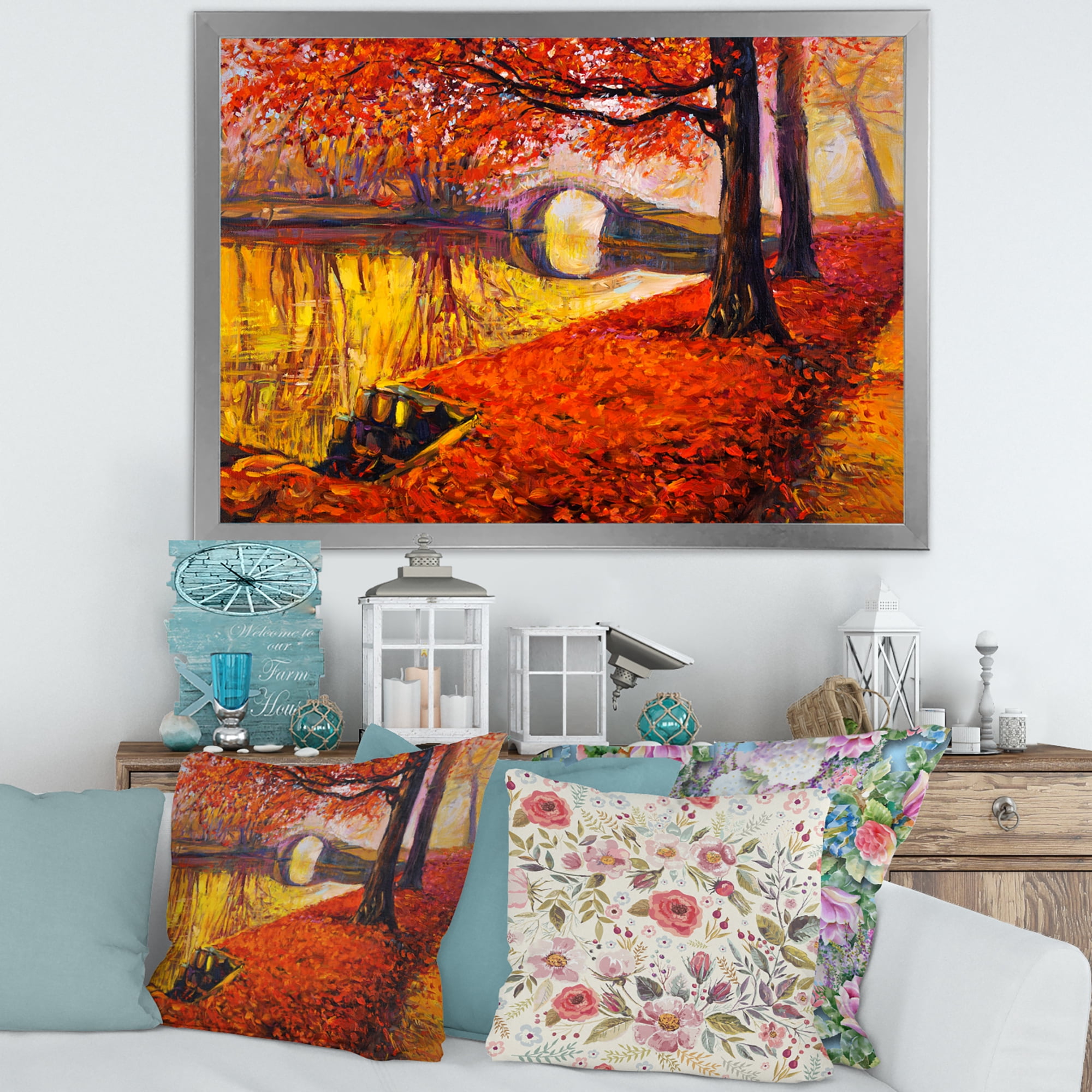 Designart 'Little Bridge In Deep Orange Autumn Landscape I' Traditional Framed Art Print
