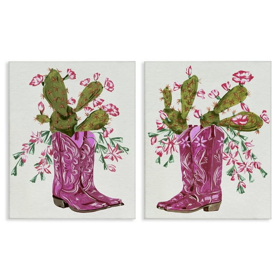 Stupell Industries Cactus in Pink Cowgirl Boots Entertainment Painting Wrapped Canvas Art Print Wall Art, 16 x 20, Set of 2