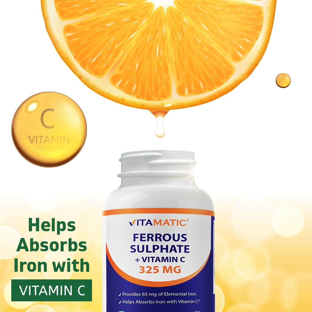 Vitamatic Ferrous Sulphate 325 mg + Vitamin C 100 mg - (65 mg Elemental Iron) High Potency Iron Supplement | No Artificial Color Additives - 250 Coated Tablets - Made in USA-2 Pack