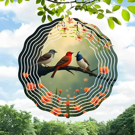 Colorful Metal Hanging Wind Spinner with Three Birds on a Branch Serene Sky Design Perfect for Yard and Garden Decor Colorful Metal Hanging Wind Spinner with Three Birds on a Branch Serene Sky Design Perfect for Yard and Garden Decor