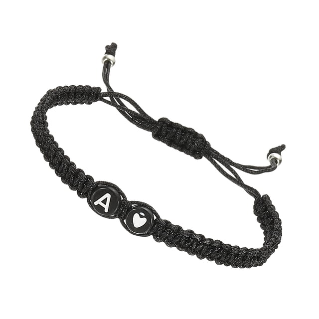 Pulsera Inicial Ajustable de Letra del Alfabeto A con Corazón de Cuerda Trenzada Negra, Pulsera Inicial para Parejas