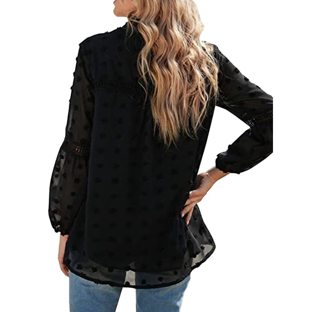 Sonducket Camisa de mujer con cuello en V con volantes Blusa de encaje casual de manga larga con cuello en V Prendas para la parte del cuerpo Negro XL